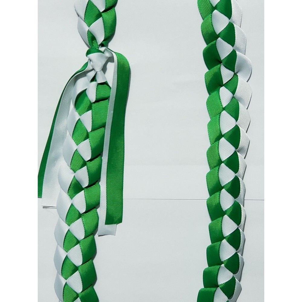 Hawaiian Graduation Lei 2-Ribbon Handmade Green & White Customize (Choose Color)